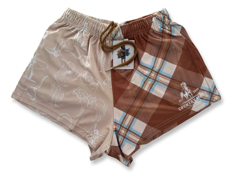 AFS 'BROWN TARTAN HORSE" - Footy Shorts (with pockets)