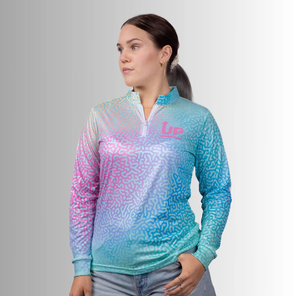 Up North Apparel - Ladies Coral Paradise Zip Neck Polo Jersey