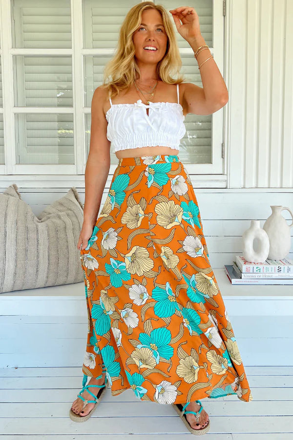 Aqua Fields Print High Waisted Maxi Skirt - Jaase