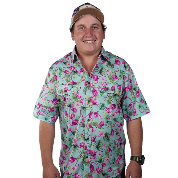 Coastal Cowboys - Flamingo  Mens Short Sleeve Workshirt