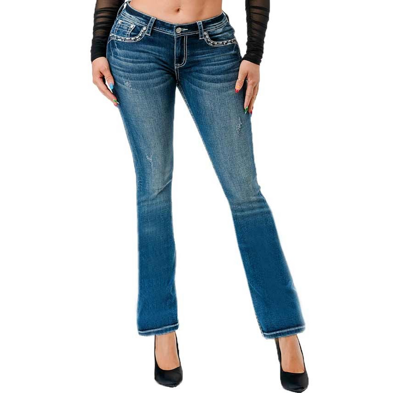 GRACE IN LA Women's Embroidered Rhinestone Mandala Jeans -EB51711