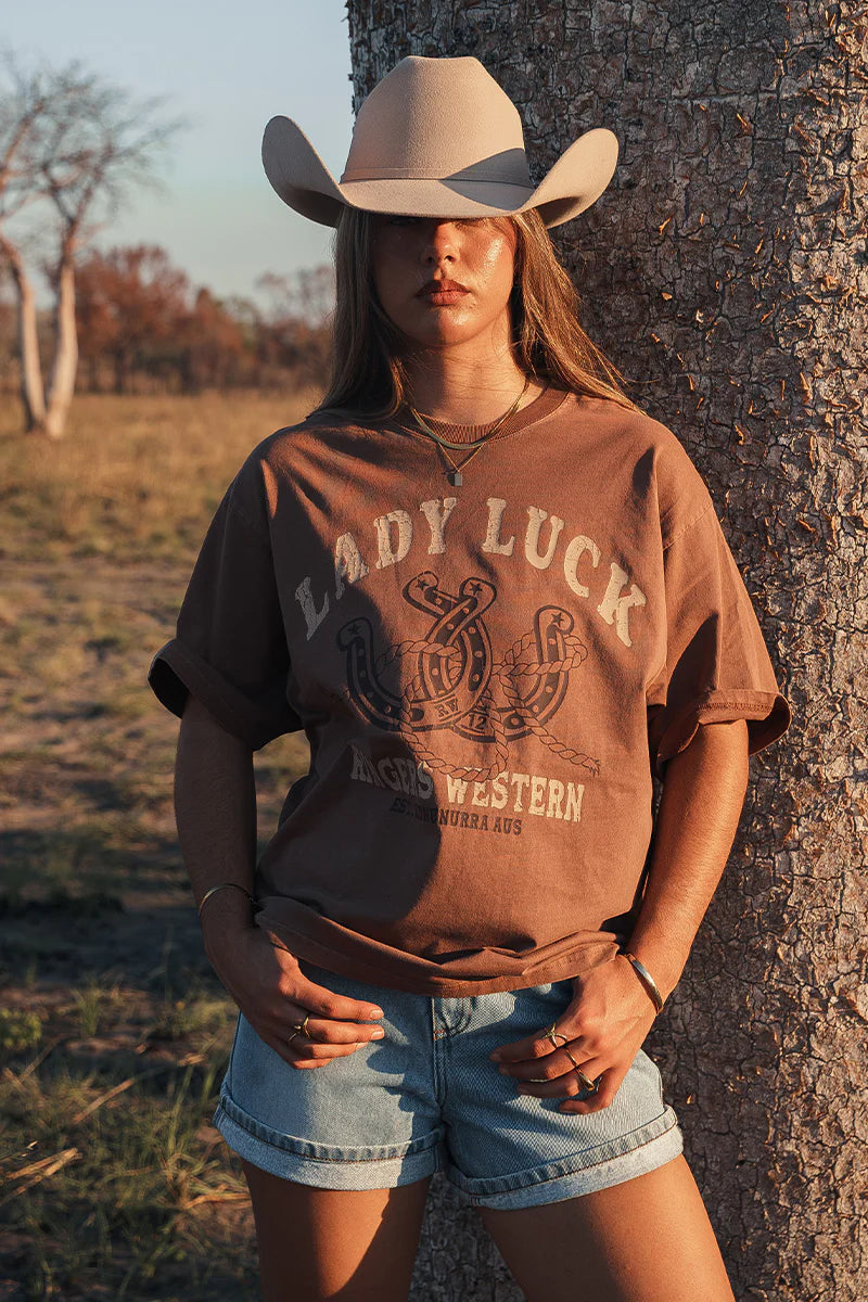 RINGERS WESTERN Lady Luck Womens Oversized T-Shirt - Washed Saddle Brown