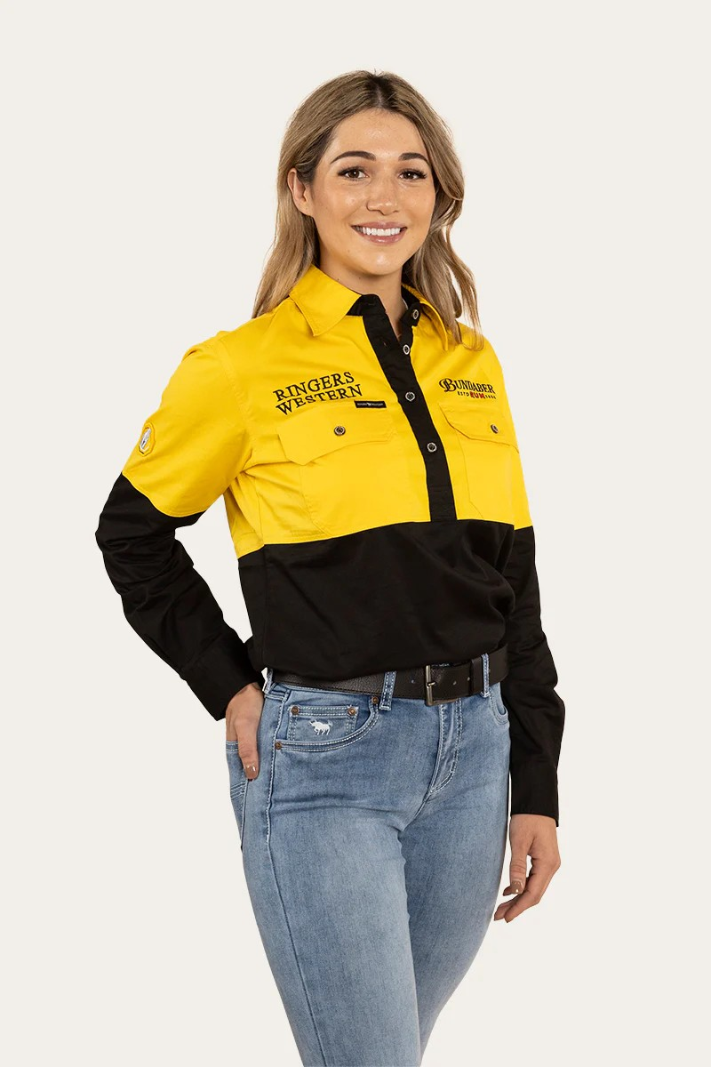 RINGERS WESTERN Bundy Womens Split Half Button Work Shirt - Yellow/Black