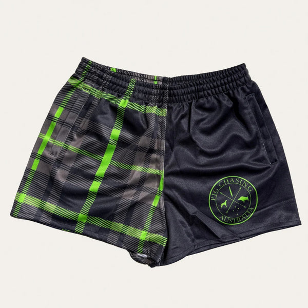 PCA Plaid Footy Shorts - Black/Green with Zip Pockets