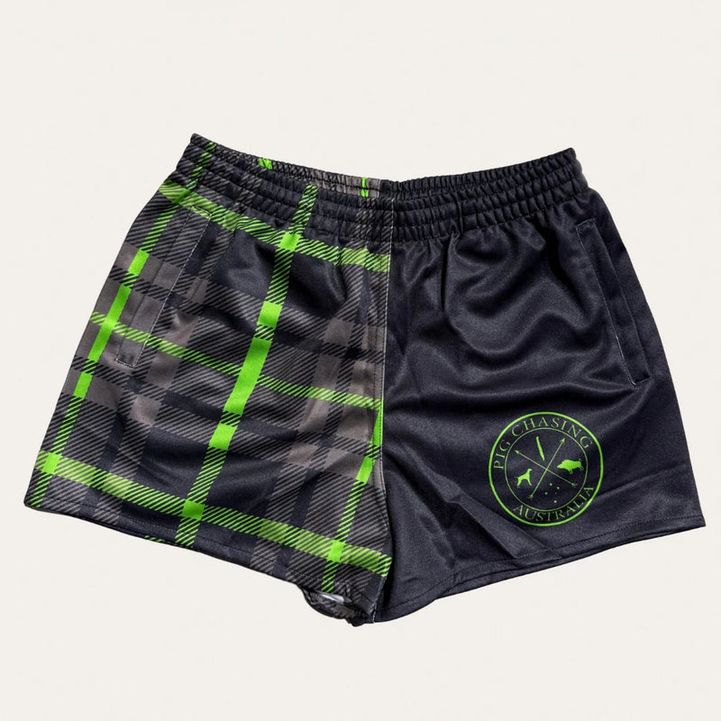 PCA Plaid Footy Shorts - Black/Green with Zip Pockets