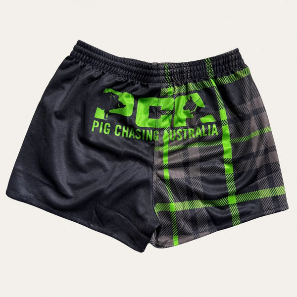 PCA Plaid Footy Shorts - Black/Green with Zip Pockets