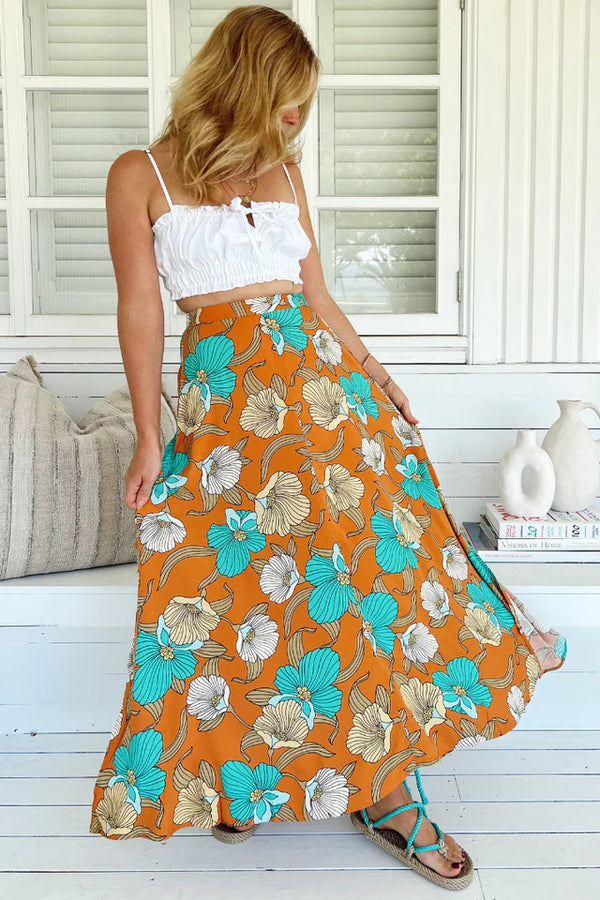 Aqua Fields Print High Waisted Maxi Skirt - Jaase