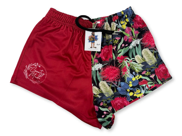 AFS 'RED NATIVE FLOWERS' - Footy Shorts (with pockets)