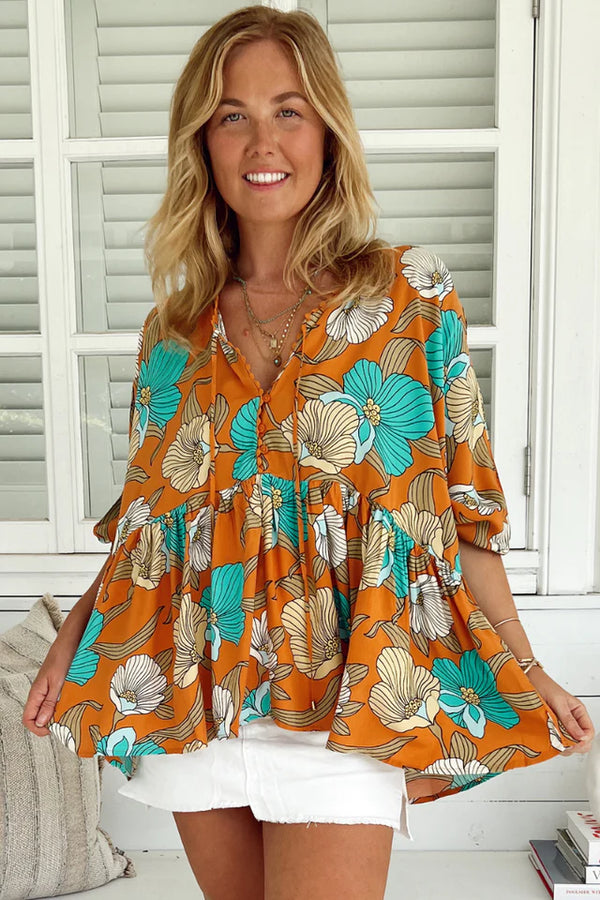 Aqua Fields Print Smock Top - Jaase