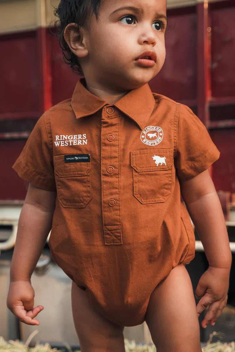 RINGERS WESTERN Babies Short Sleeve Work Shirt Romper - Tobacco/White