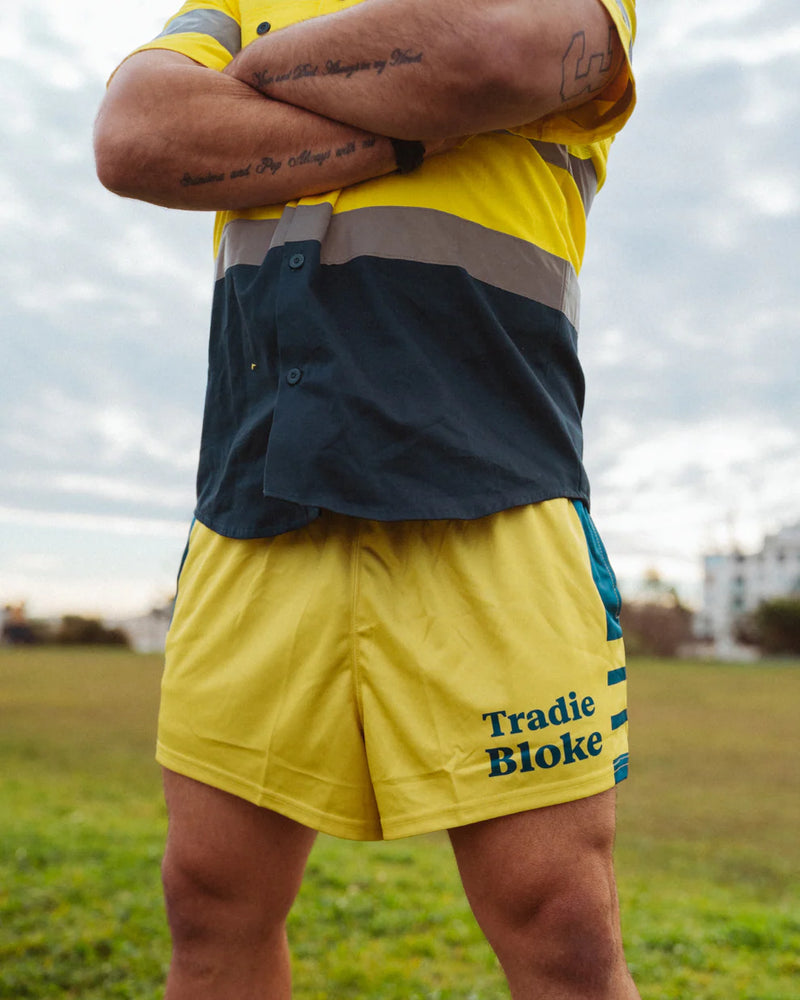 AFS Tradie Bloke - Yellow & Blue Footy Shorts With Pockets