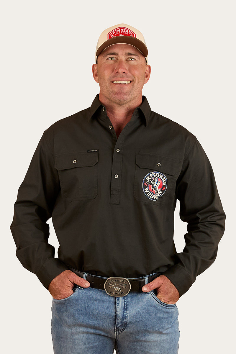 RINGERS WESTERN 8 Seconds Mens Half Button Work Shirt - Charcoal