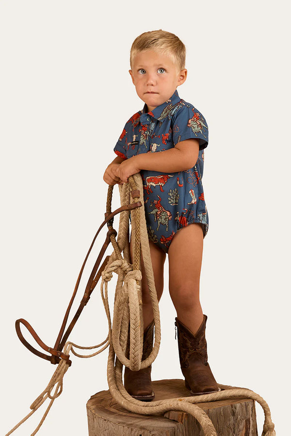 RINGERS WESTERN Mini Cowboy Babies Short Sleeve Work Shirt Romper - Yale Blue