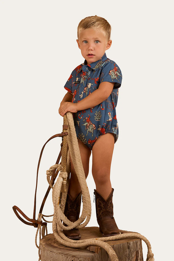 RINGERS WESTERN Mini Cowboy Babies Short Sleeve Work Shirt Romper - Yale Blue