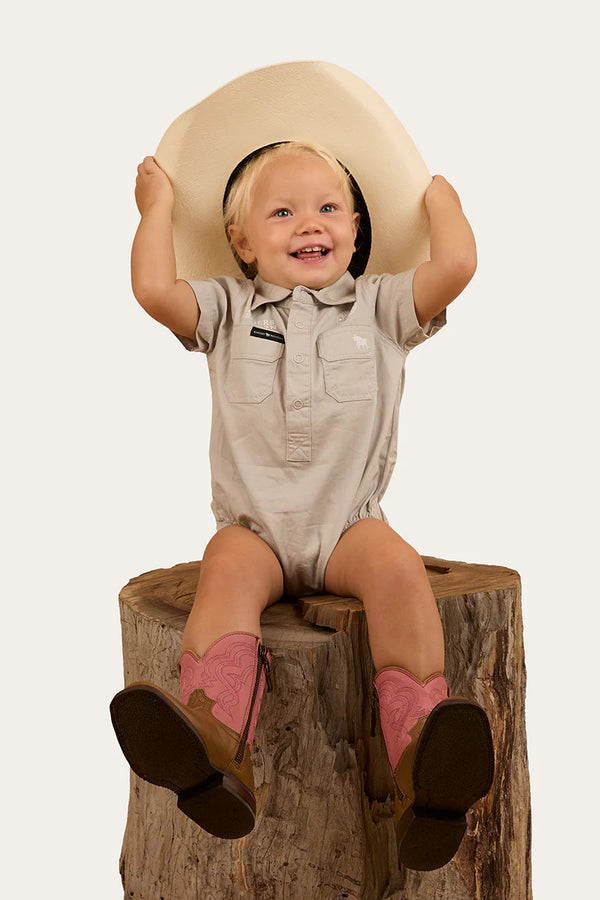 RINGERS WESTERN Babies Short Sleeve Work Shirt Romper - Beige