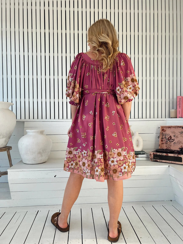 Bee Orchid Print Evelyn Mini Dress - Jaase