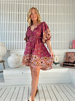 Bee Orchid Print Evelyn Mini Dress - Jaase
