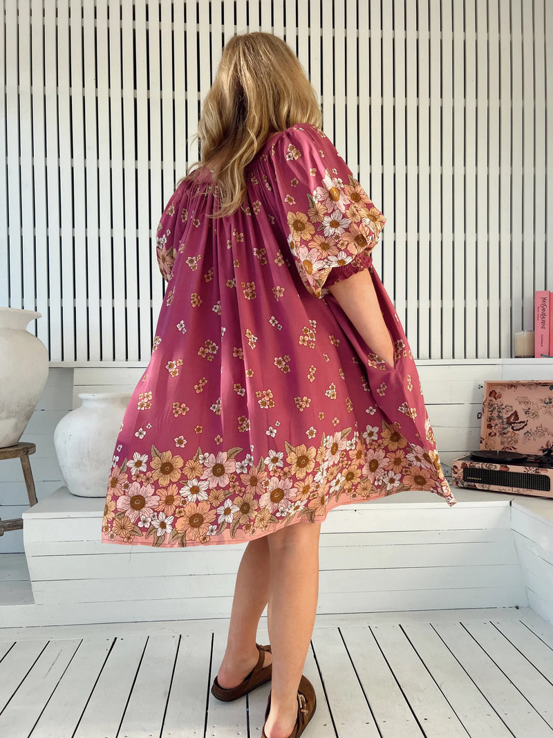 Bee Orchid Print Evelyn Mini Dress - Jaase