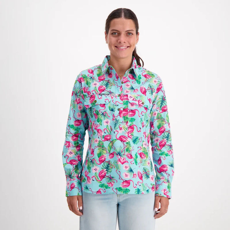Coastal Cowboys - Flamingo Women's Half Button Workshirt
