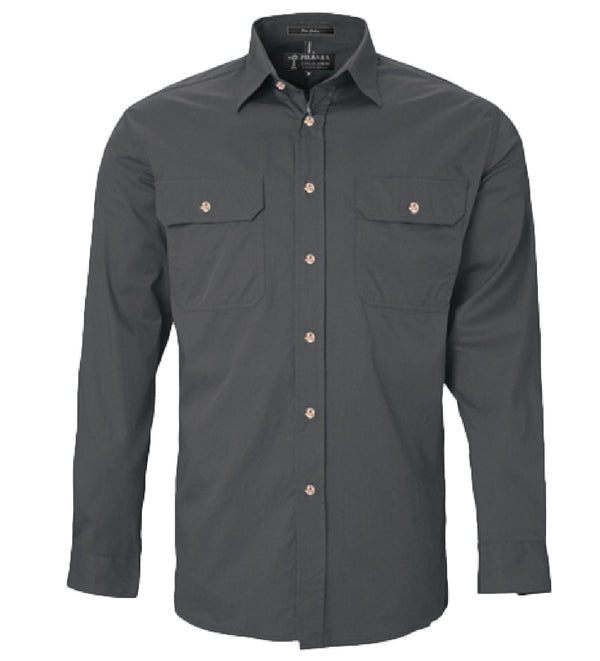 Pilbara Mens Open Front L/S Shirt- Charcoal