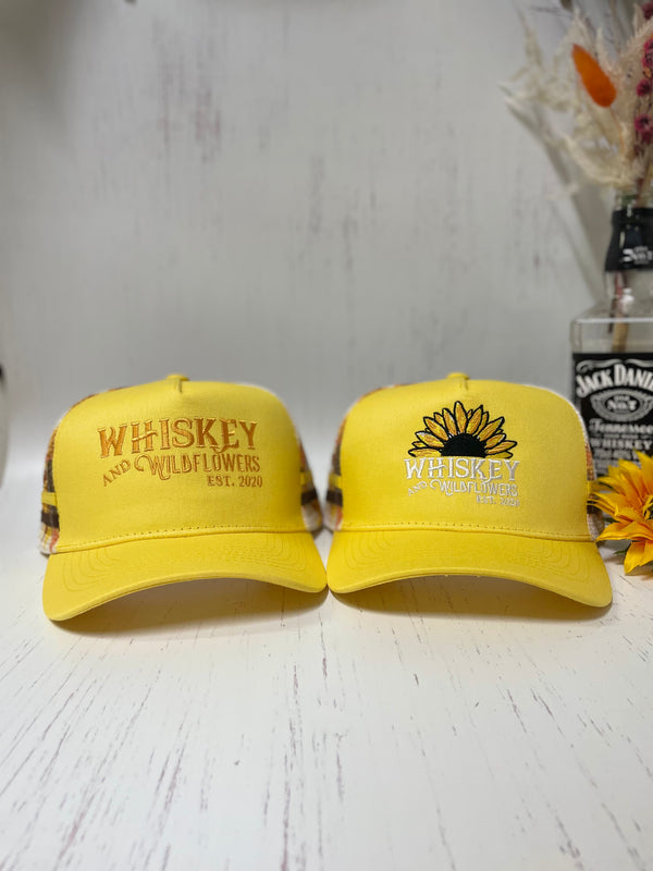 W&W Yellow & Chocolate Brown with Sunflowers Print Trucker Cap MAR