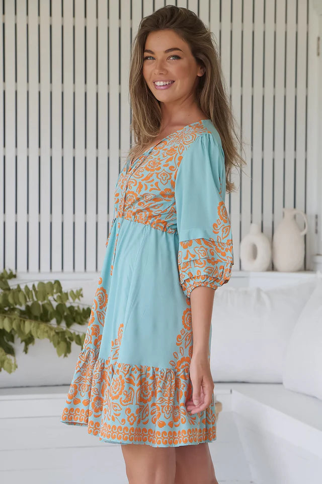 Faith Mini Dress: Pull Tie Waist A Line Dress in Arabian Nights Print - JAASE