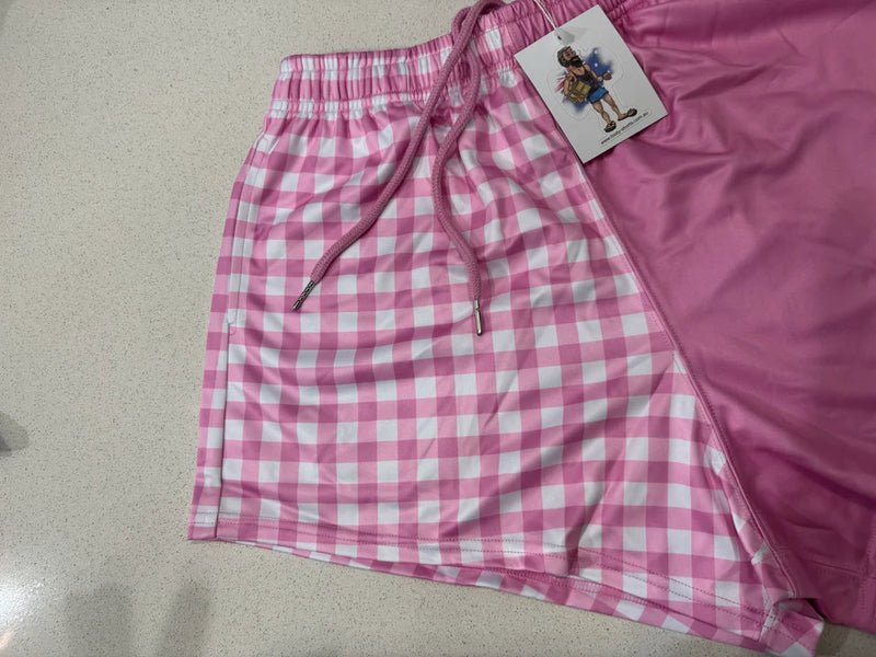 AFS Pink & White Chequered Footy Shorts Gingham - With Pockets