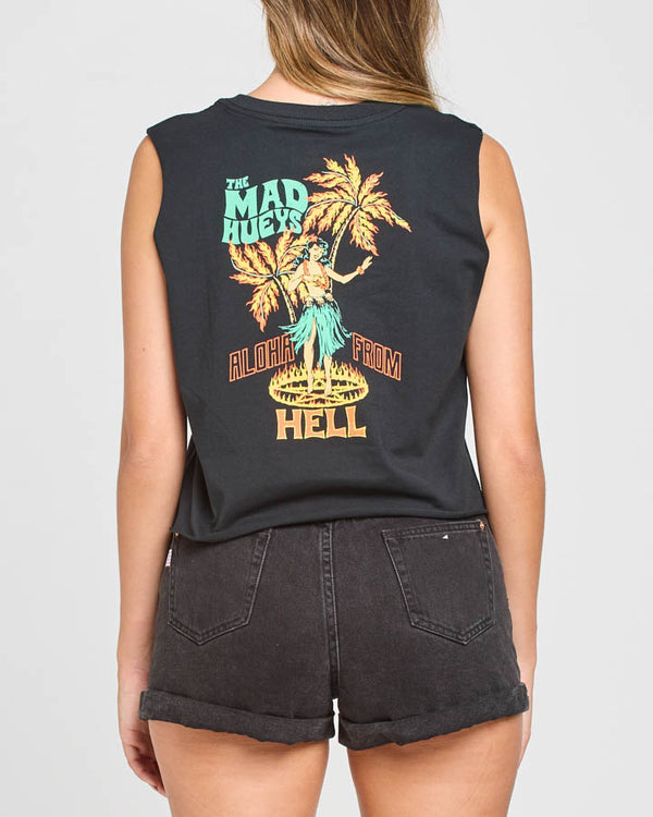 The Mad Hueys ALOHA FROM HELL | WOMENS CROP MUSCLE - BLACK