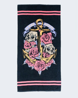 The Mad Hueys SKULLS AND ROSES | WOMENS BEACH TOWEL - BLACK-ONE SIZE