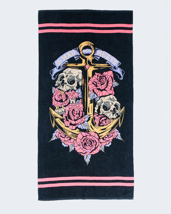 The Mad Hueys SKULLS AND ROSES | WOMENS BEACH TOWEL - BLACK-ONE SIZE