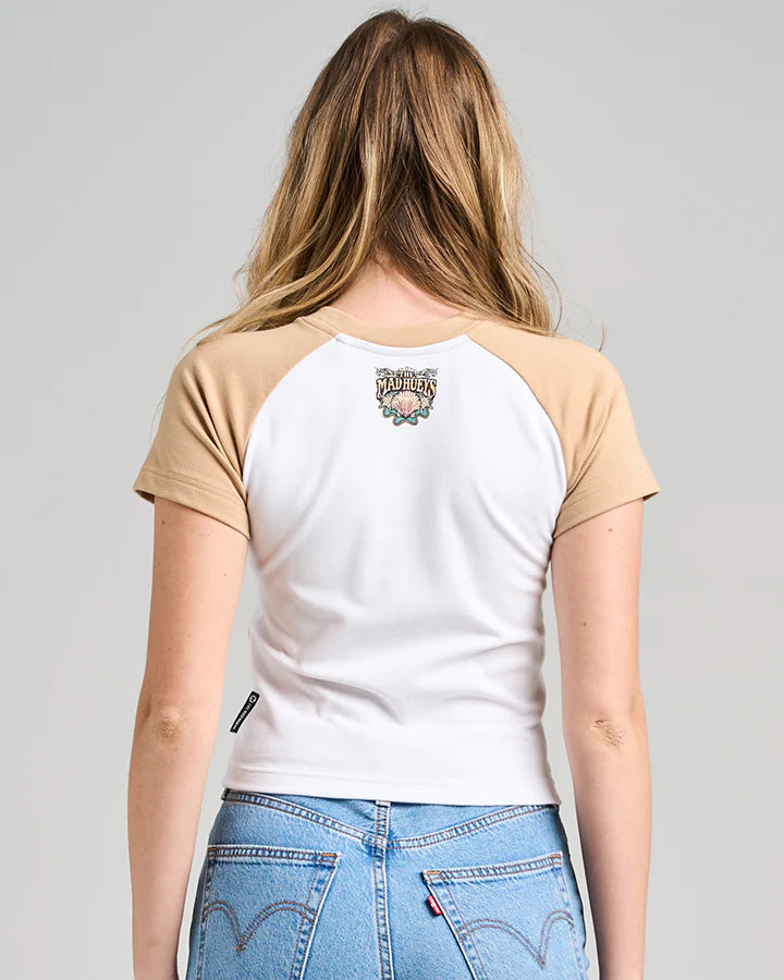 The Mad Hueys SIDE SADDLE| WOMENS BABY TEE - WHITE