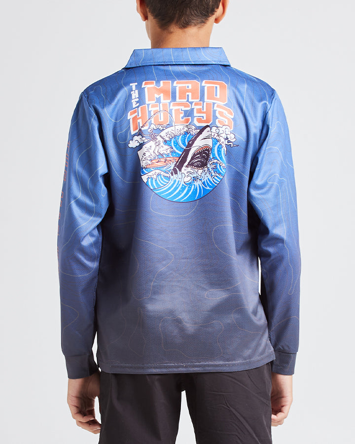 The Mad Hueys SURFER SHARK YOUTH FISHING JERSEY NAVY Whiskey and