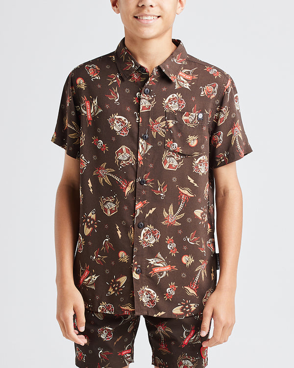 The Mad Hueys HUEYS TATTOO | YOUTH WOVEN SHIRT - VINTAGE BLACK