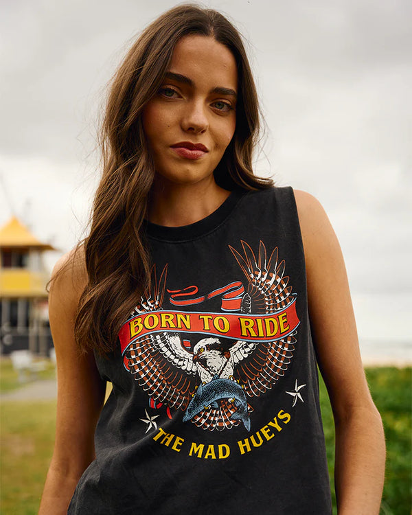 The Mad Hueys Born To Ride | WOMENS CROP MUSCLE - Washed Black