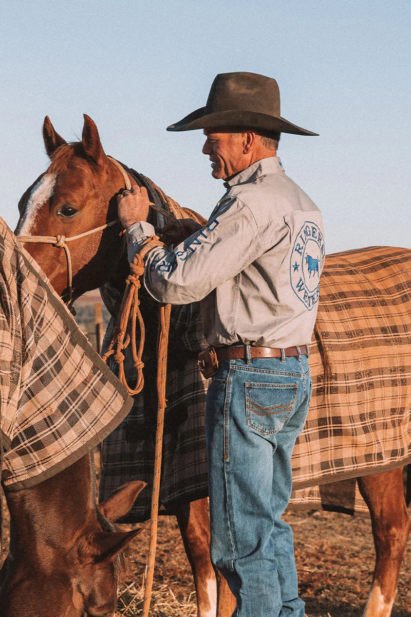 RINGERS WESTERN Hawkeye Mens Full Button Work Shirt-Grey/ Snorkle Blue.