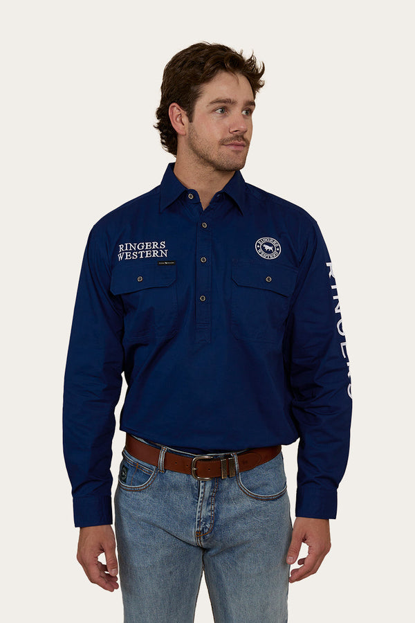 RINGERS WESTERN Hawkeye Mens Half Button Work Shirt - Navy