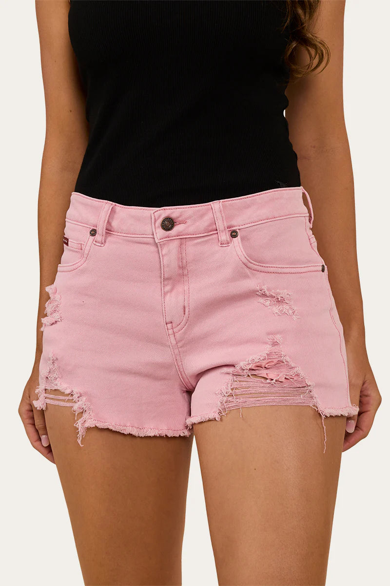 RINGERS WESTERN Jessie Women’s mid Rise Ripped Denim Short- Light Pink