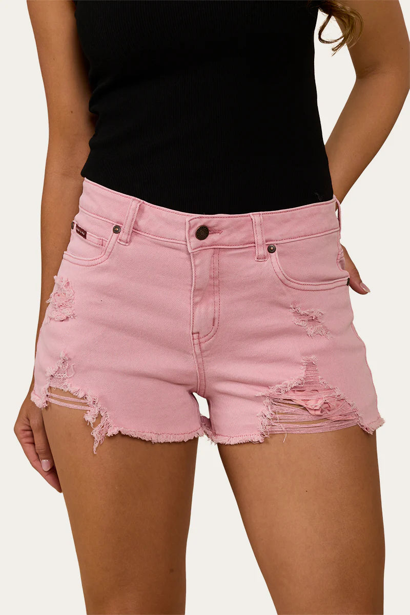 RINGERS WESTERN Jessie Women’s mid Rise Ripped Denim Short- Light Pink