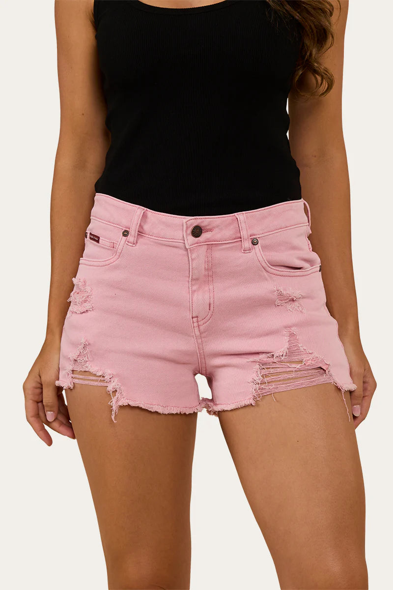 RINGERS WESTERN Jessie Women’s mid Rise Ripped Denim Short- Light Pink