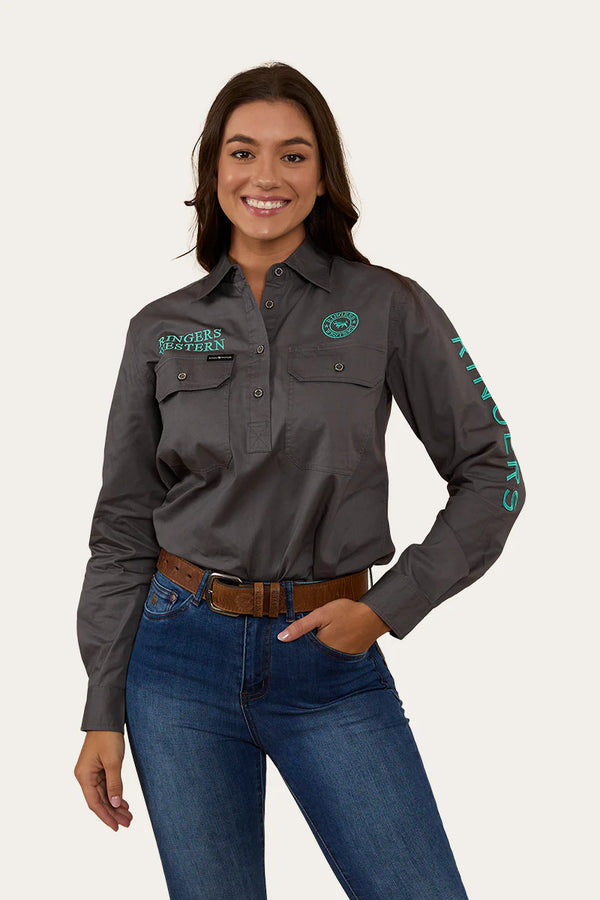 RINGERS WESTERN Signature Jillaroo Womens Half Button Short Sleeve Work Shirt - Magnum with Mint