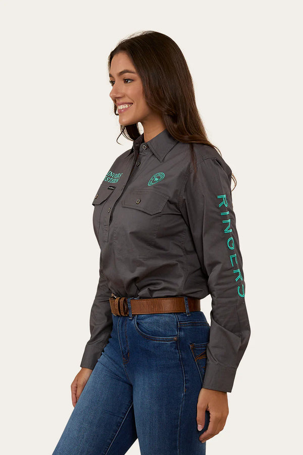 RINGERS WESTERN Signature Jillaroo Womens Half Button Short Sleeve Work Shirt - Magnum with Mint