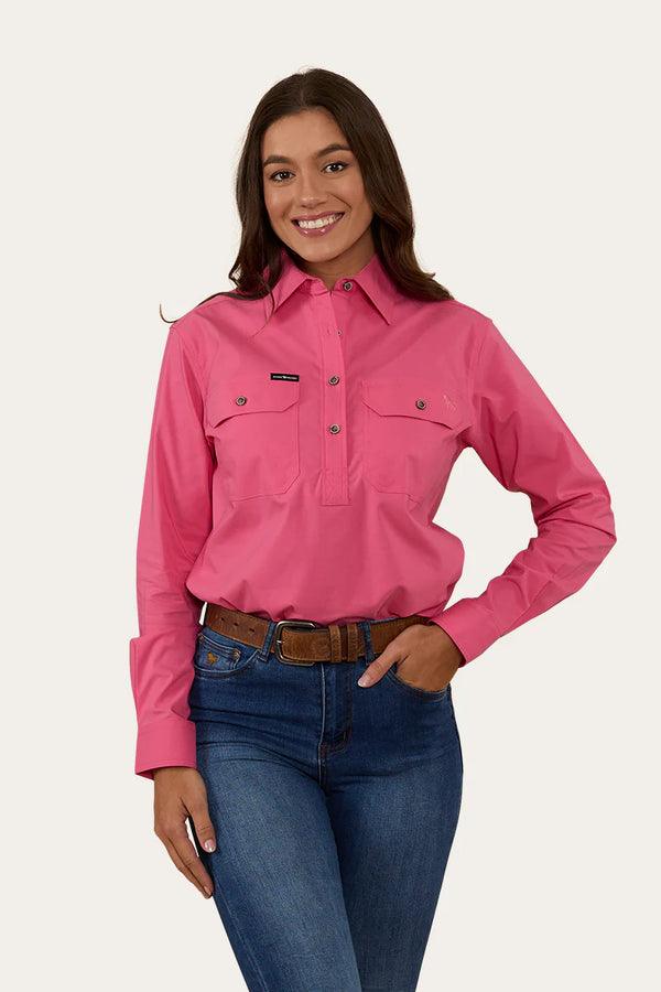 RINGERS WESTERN Pentecost River Womens Half Button Coolmax Work Shirt - Melon