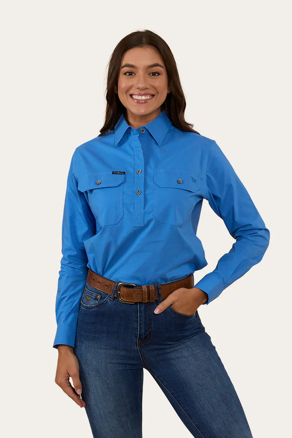 RINGERS WESTERN Pentecost River Womens Half Button Coolmax Work Shirt - Blue