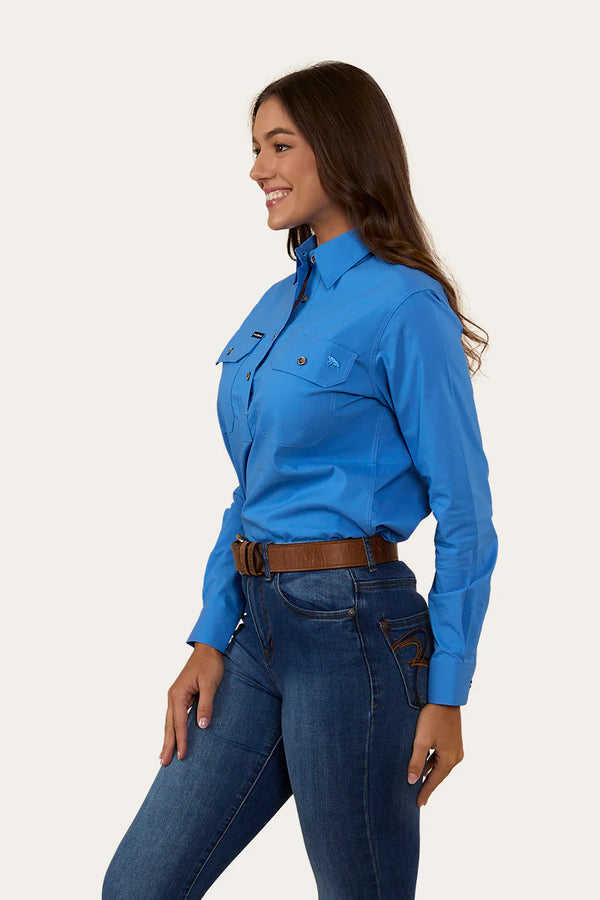 RINGERS WESTERN Pentecost River Womens Half Button Coolmax Work Shirt - Blue