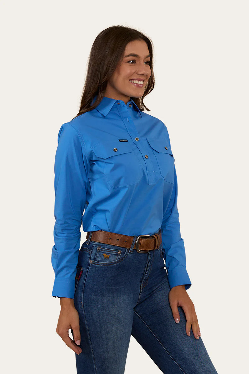 RINGERS WESTERN Pentecost River Womens Half Button Coolmax Work Shirt - Blue