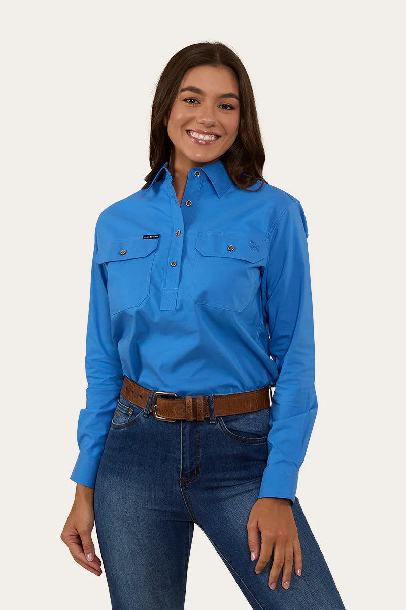 RINGERS WESTERN Pentecost River Womens Half Button Coolmax Work Shirt - Blue