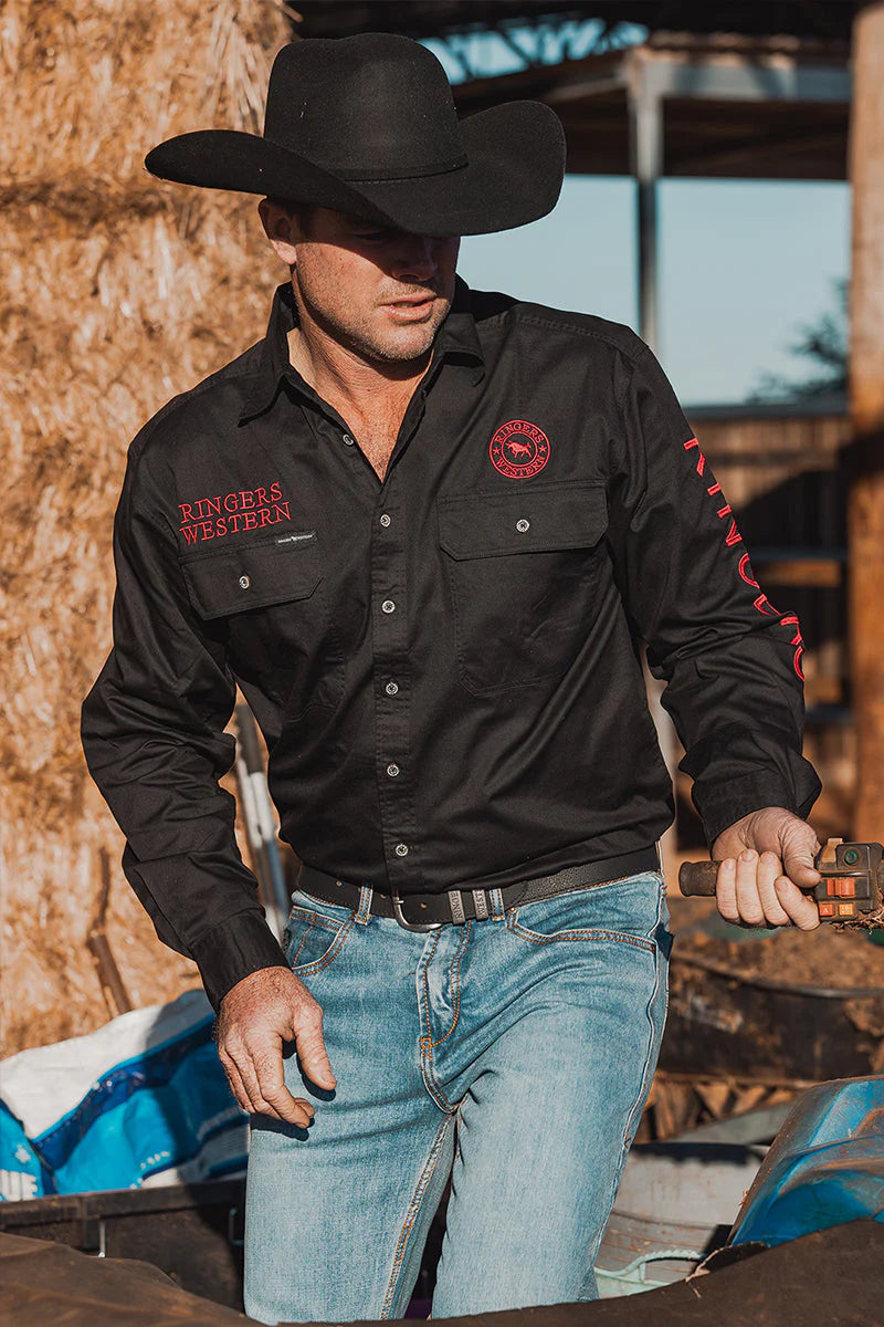 RINGERS WESTERN Hawkeye Mens Full Button Work Shirt -Black/Red