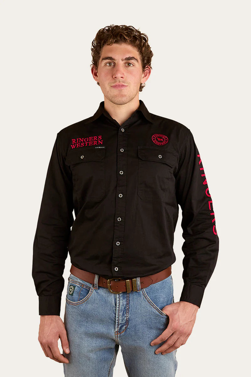 RINGERS WESTERN Hawkeye Mens Full Button Work Shirt -Black/Red