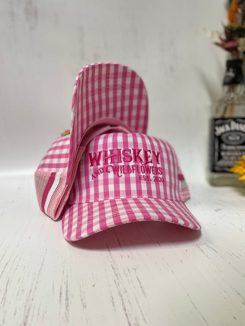 W&W Pink & White Gingham High Pony Trucker Cap DEC