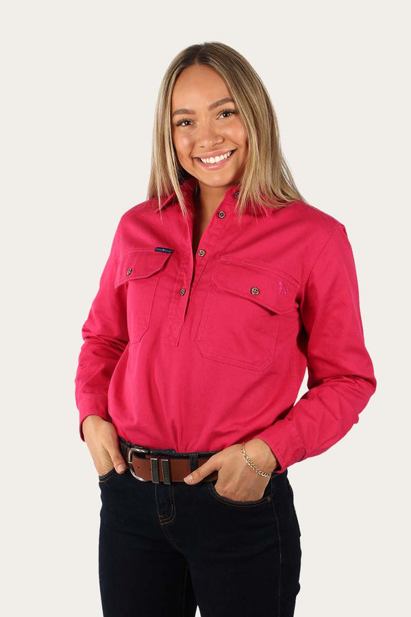 RINGERS WESTERN Australian Made Heavy Weight Coburn Womens Half Button Work Shirt -Hot Pink